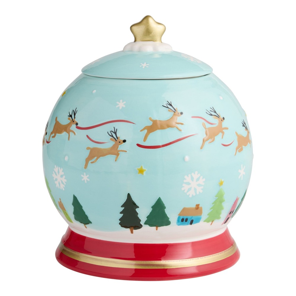 Ceramic Santa Reindeer Sleigh Snow Globe Figural Cookie Jar Retro